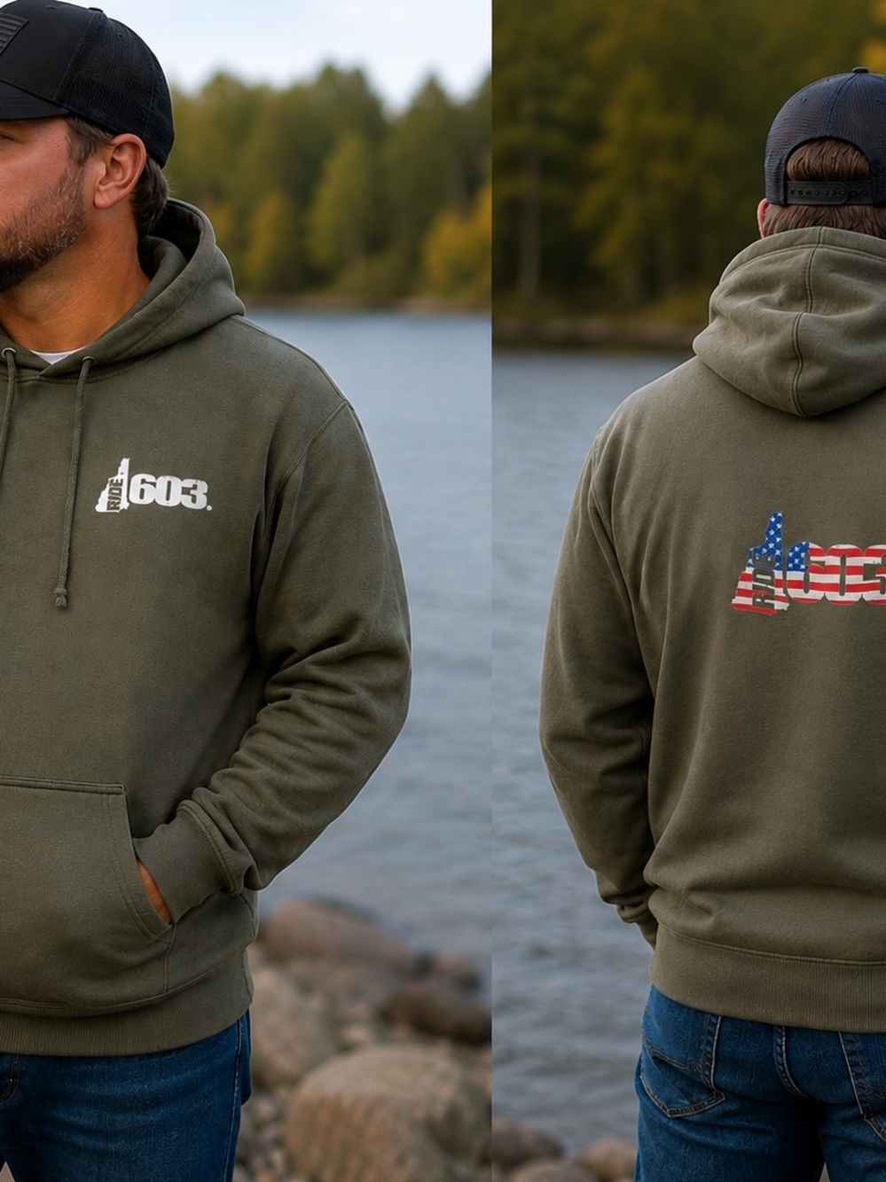 Source Unknown Olive Green Pullover Hoodie with 603 American Flag Back Graphic